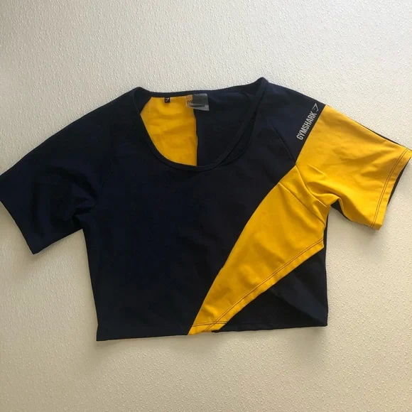 Gymshark Asymmetrical Cropped Short Sleeve Top in Blue and Yellow Size XL - Picture 6 of 9